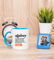 Ağabey Kelime Anlamı Mavi Kupa Bardak ve Mavi Mini Fotoğraf Çerçevesi