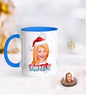 BK Gift Kişiye Özel Kadın Yeni Yıl Karikatürlü Mavi Kupa ve Kar Tanesi Kolye-3 (Model 1)