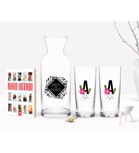 BK Gift Kişiye Özel Renkli Baskılı Harf ve İsim Tasarımlı İkili Rakı Bardağı Karaf ve Cep Kitabı Hediye Seti-4 (Model 1)