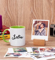 Kişiye Özel İsim Yazılı Yeşil Kupa Bardak ve Ahşap Standlı Polaroid Set