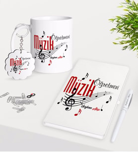 BK Gift Kişiye Özel Müzik Öğretmeni Kupa Anahtarlık Beyaz Defter Kalem Hediye Seti (Model 1)