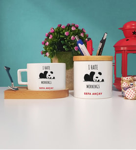 Sevimli Panda Ahşap Altlıklı Fincan ve Kalemlik Seti