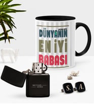BK Gift Kişiye Özel Dünyanın En İyi Babası Siyah Kupa Çakmak Kol Düğmesi Seti-1 (Model 1)