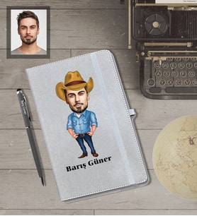 Kişiye Özel Erkek Karikatürlü Gri Defter Kalem Hediye Seti  Model-5