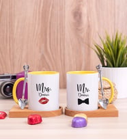 Mr Mrs Tasarımlı Ahşap Altlıklı İkili Sarı Kupa Bardak