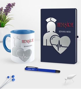 BK Gift Kişiye Özel Hemşire Temalı Lacivert Defter Kalem Kupa Seti - 4 (Model 1)