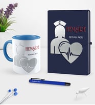 BK Gift Kişiye Özel Hemşire Temalı Lacivert Defter Kalem Kupa Seti - 4 (Model 1)