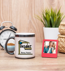 İnşaat Mühendisi Sihirli  Kupa Bardak ve Kırmızı Mini Çerçeve