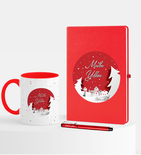 BK Gift Kişiye Özel Yılbaşı Mutlu Yıllar Temalı Kırmızı Defter Kalem Kupa Seti - 1