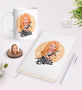 BK Gift Kişiye Özel Kadın Kuaför Karikatürlü Beyaz Defter Kalem ve Kupa Seti-2 (Model 1)