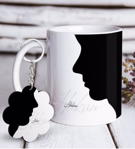 BK Gift Kişiye Özel Yüz Siluet Beyaz Kupa ve Anahtarlık Hediye Seti-3 (Model 1)