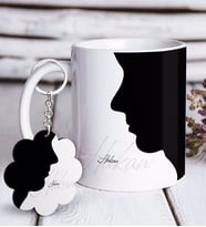 BK Gift Kişiye Özel Yüz Siluet Beyaz Kupa ve Anahtarlık Hediye Seti-3 (Model 1)