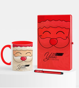 BK Gift Kişiye Özel Yılbaşı Noel Baba Temalı Kırmızı Defter Kalem Kupa Seti - 6