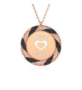 Kişiye Özel 2 İsimli Burgu Çerçeve Rose Gümüş Kolye