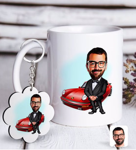 BK Gift Kişiye Özel Erkek Patron Karikatürlü Beyaz Kupa ve Anahtarlık Hediye Seti-1 (Model 1)
