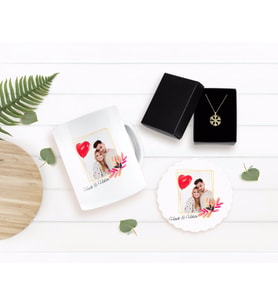 BK Gift Kişiye Özel Sevgililer Günü Temalı İsimli Fotoğraflı Kupa Bardak Altlığı ve Kar Tanesi Kolye Seti-29 (Model 1)