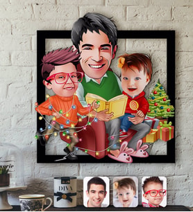 BK Gift Kişiye Özel Yeni Yıl Aile Karikatürlü 3D Ahşap Tablo-1 (Beyaz)
