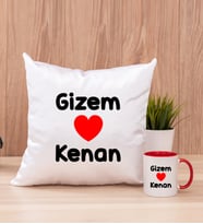 Sevgililere Özel İsim Yazılı Kare Yastık ve Kırmızı Kupa Bardak