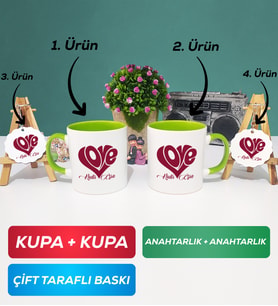 İkili Yeşil Love Tasarımlı Sevgililer Günü Hediyesi Kupa Bardak Anahtarlık