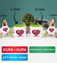İkili Yeşil Love Tasarımlı Sevgililer Günü Hediyesi Kupa Bardak Anahtarlık
