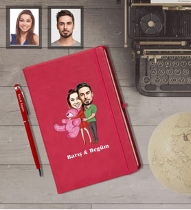 Kişiye Özel Sevgili Karikatürlü  Kırmızı Defter Kalem Hediye Seti Model 8