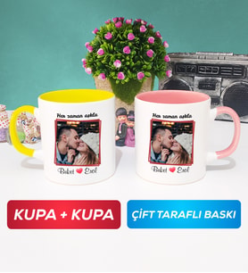 İkili Sevgiliye Sevgililer Günü Hediyesi 9 Kupa Bardak Sarı Pembe