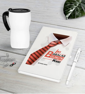 BK Gift Kişiye Özel İlk Babalar Günün Kutlu Olsun Beyaz Defter Kalem Termos Mug Seti-4 (Model 1)