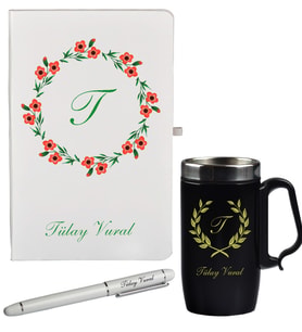 Yaz Çiçeği Desenli Kişiye Özel Hediye Defter Kalem Siyah Termos  Mug Seti