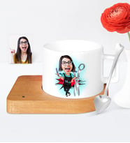 BK Gift Kişiye Özel Bayan Kuaför Karikatür Ahşap Altlıklı Seramik Fincan  1