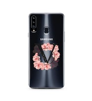Pembe Çiçekli Harf Tasarım Süper Şeffaf Silikon Telefon Kılıfı Samsung A20s V-Ha