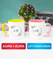 İkili Çiçek Tasarımlı İsme Özel Kupa Bardak Sarı Pembe