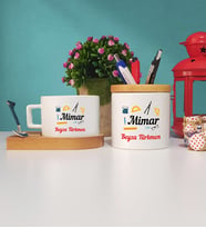 Mimar Hediye Kişiye Özel Mimar Ahşap Altlıklı Fincan ve Kalemlik Seti