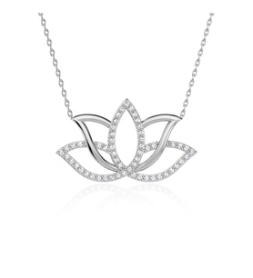 Taşlı Lotus Çiçeği Beyaz Gümüş Kolye