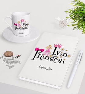 BK Gift Kişiye Özel Evin Prensesi Beyaz Defter Kalem Türk Kahvesi Fincanı Seti-3 (Model 1)