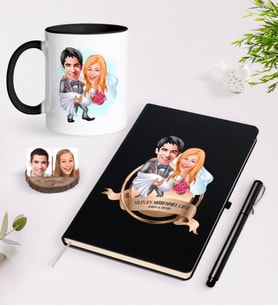 BK Gift Kişiye Özel Yılın En Mükemmel Çifti Karikatürlü Siyah Defter Kalem ve Kupa Seti-72 (Model 1)