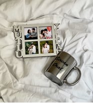 Kişiye Özel 4 Fotoğraflı Mutlu Yıllar Mdf Çerçeve Gümüş Ve Gümüş Kupa Set