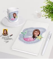 BK Gift Kişiye Özel Deniz Kızı Karikatürlü Beyaz Defter Kalem Türk Kahvesi Fincanı Seti-1 (Model 1)