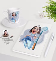 BK Gift Kişiye Özel Bayan Diş Hekimi Karikatürlü Beyaz Defter Kalem Türk Kahvesi Fincanı Seti-2 (Model 1)