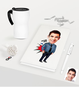 BK Gift Kişiye Özel Bay Polis Karikatürlü Beyaz Defter Kalem Termos Mug Seti - 3 (Model 1)