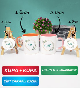 İkili Turuncu Pembe Çiçek Tasarımlı İsme Özel Kupa Bardak Anahtarlık