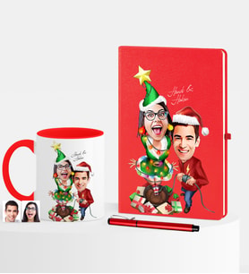 BK Gift Kişiye Özel Yılbaşı Sevgililer Karikatürlü Kırmızı Defter Kalem Kupa Seti - 1