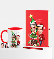 BK Gift Kişiye Özel Yılbaşı Sevgililer Karikatürlü Kırmızı Defter Kalem Kupa Seti - 1