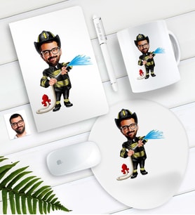 BK Gift Kişiye Özel Bay İtfaiye Memuru Karikatürlü Defter Kalem Kupa Mouse Pad Seti (Model 1)