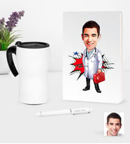 BK Gift Kişiye Özel Bay Doktor Karikatürlü Beyaz Defter Kalem ve Termos Mug Seti - 4 (Model 1)