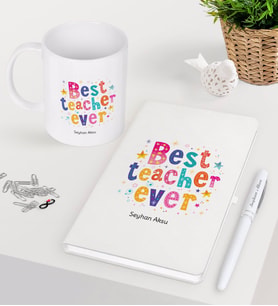 BK Gift Kişiye Özel En İyi Öğretmen Beyaz Defter Kalem Kupa Seti-12 (Model 1)