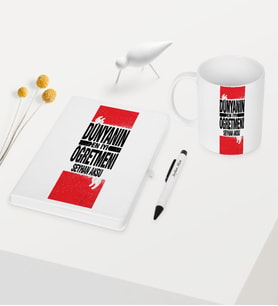 BK Gift Kişiye Özel Dünyanın En İyi Öğretmeni Temalı Beyaz Defter Kalem Kupa Seti - 1