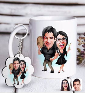 BK Gift Kişiye Özel Sevgililer Karikatürlü Beyaz Kupa ve Anahtarlık Hediye Seti-18 (Model 1)