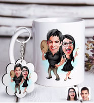 BK Gift Kişiye Özel Sevgililer Karikatürlü Beyaz Kupa ve Anahtarlık Hediye Seti-18 (Model 1)