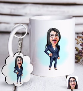 BK Gift Kişiye Özel Bayan Patron Karikatürlü Beyaz Kupa ve Anahtarlık Hediye Seti-4 (Model 1)