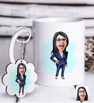 BK Gift Kişiye Özel Bayan Patron Karikatürlü Beyaz Kupa ve Anahtarlık Hediye Seti-4 (Model 1)